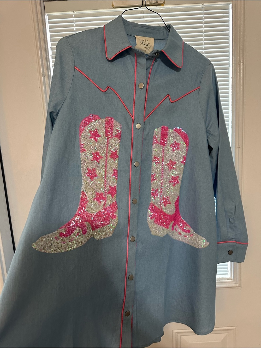 Fantastic Fawn Blue Shirt Dress with Pink & Silver Sequin Cowboy Boots